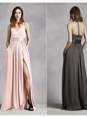 White by Vera Wang blush pink Tstrap bow halter satin maxi dress slit pockets